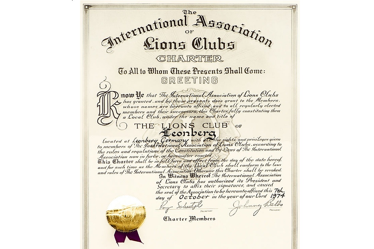 Gründungsurkunde Lions Club Leonberg von 1974
